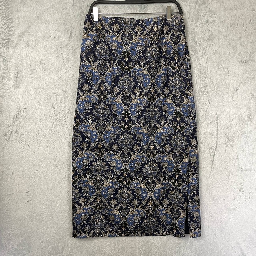 Vintage Silk Wool Paisley Pencil Maxi Skirt Size 14 Blue Old Money